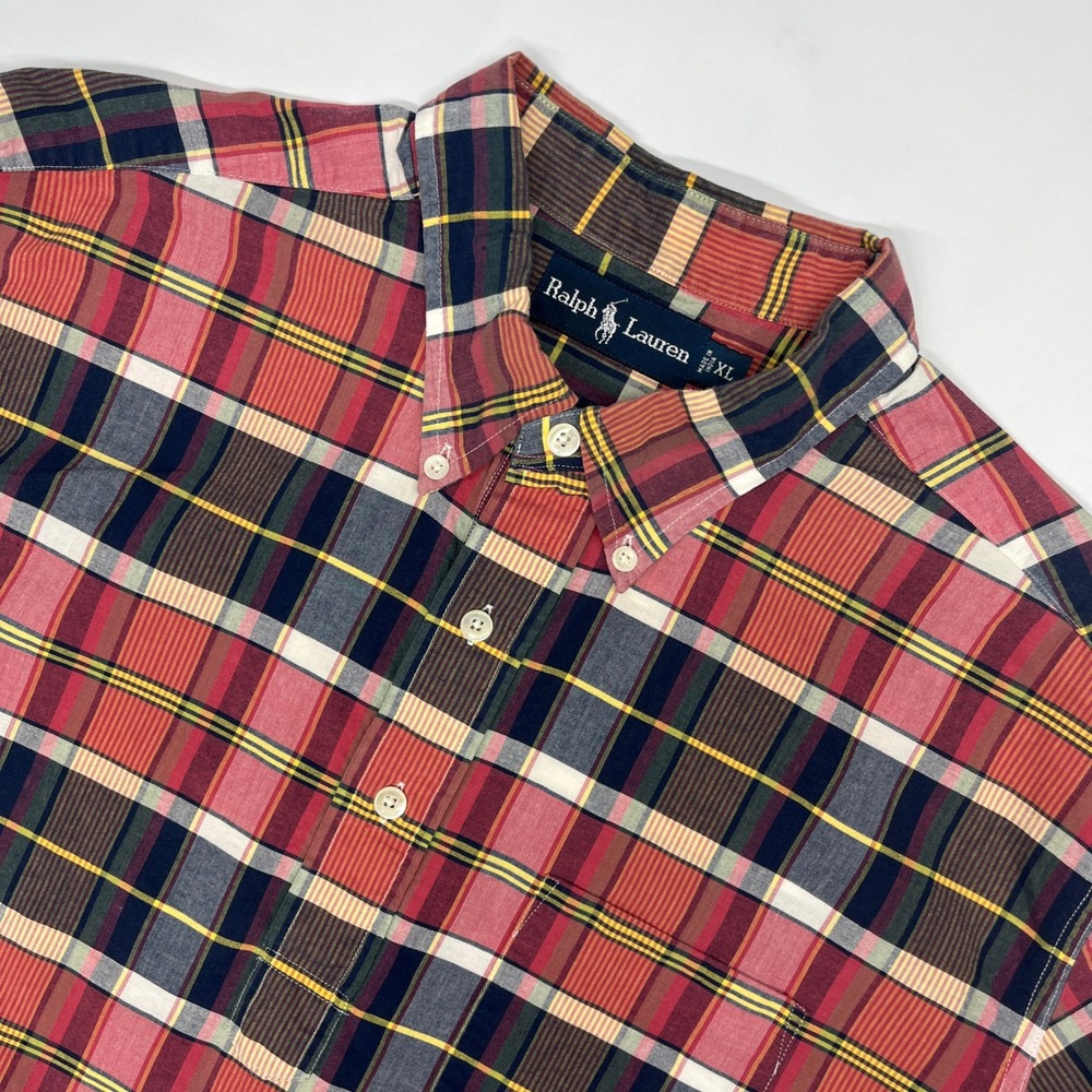 Ralph Lauren Plaid Shirt XL Red Navy Short Sleeve Button Down Preppy Vintage